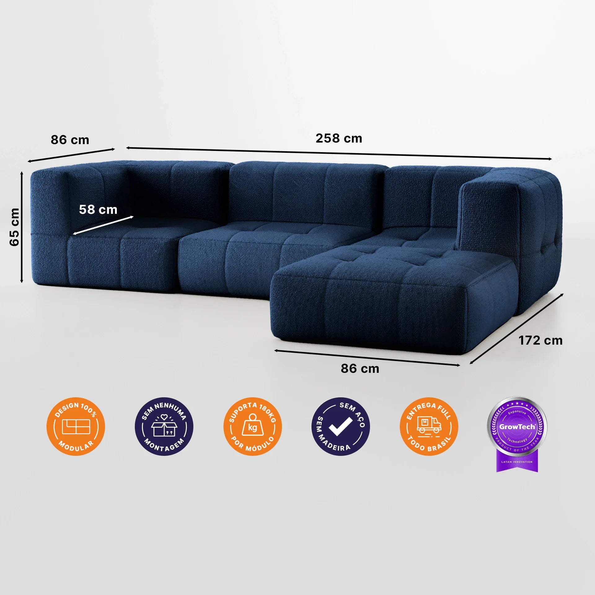 Sofá na Caixa modular 3 lugares em Boucle com Apoio de pé Grátis - Azul