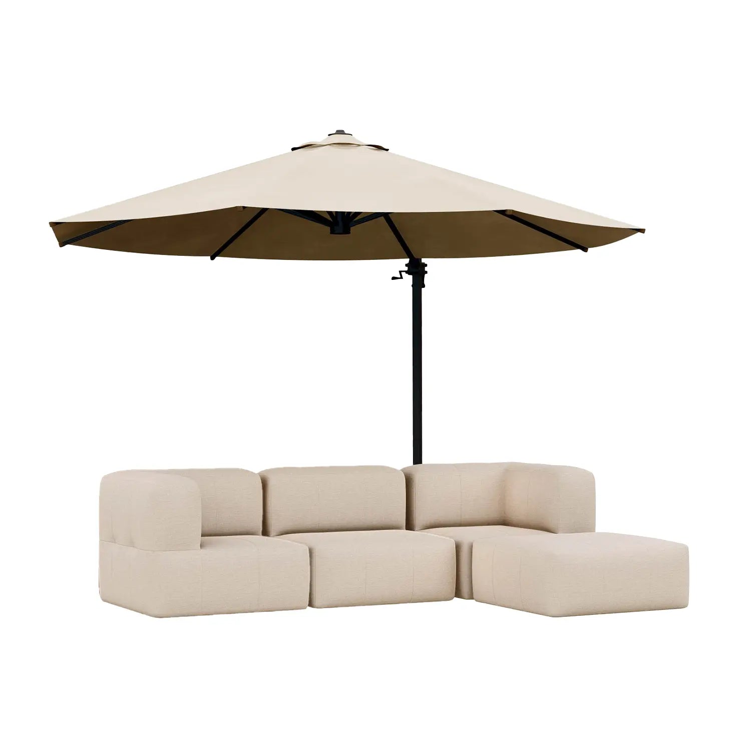 Lounge com 4 Puffs Puzz Modular + Ombrelone Cantilever Linho, 3,35x2,60m, Lateral Alumínio