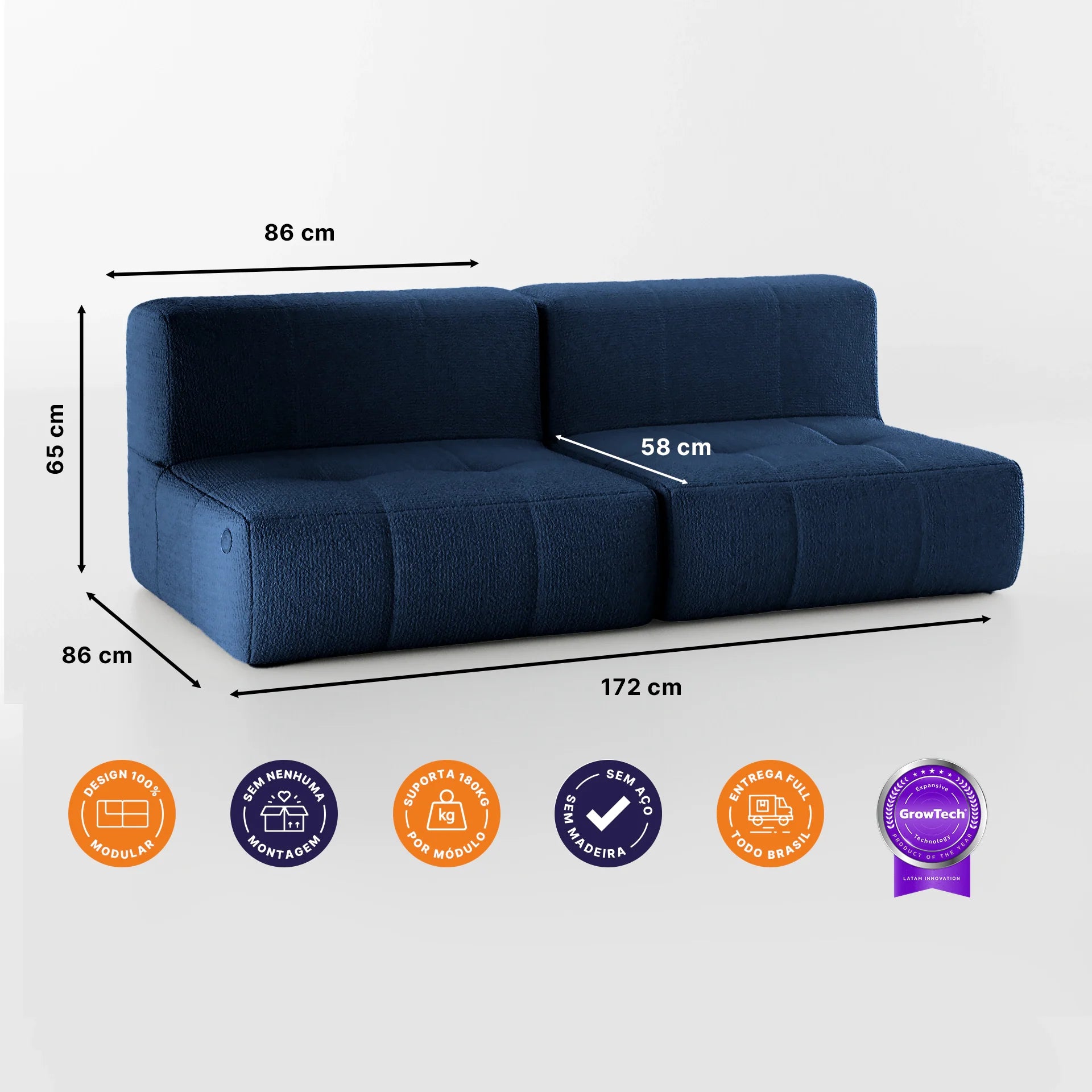 Sofá na Caixa modular 2 lugares em Boucle - Sem braço - Azul