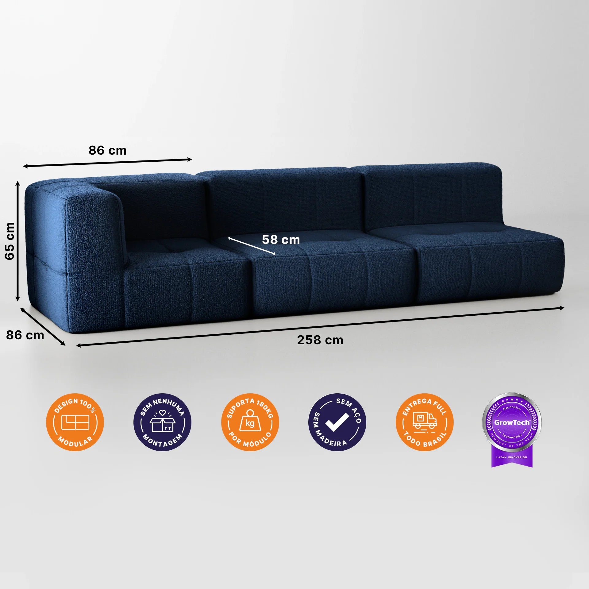 Sofá na Caixa modular 3 lugares em Boucle - 1 Braço - Azul