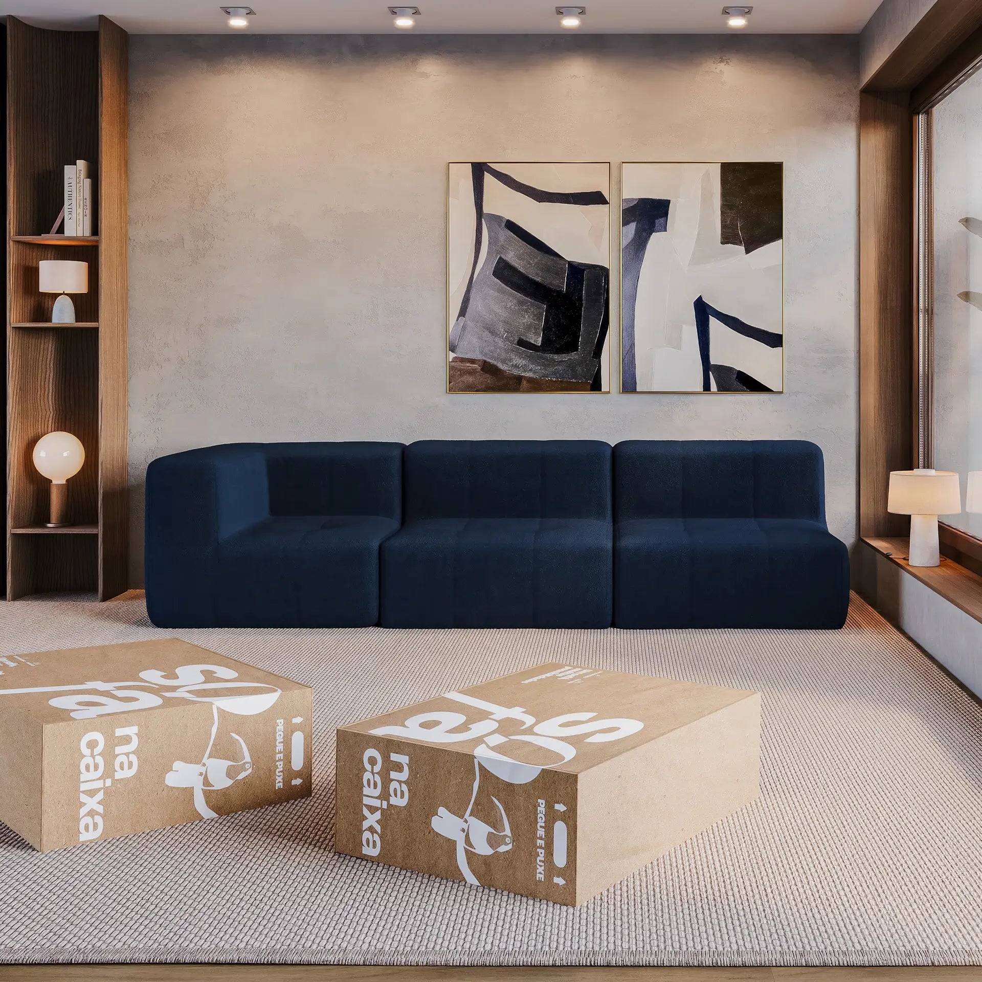 Sofá na Caixa modular 3 lugares em Boucle - 1 Braço - Azul
