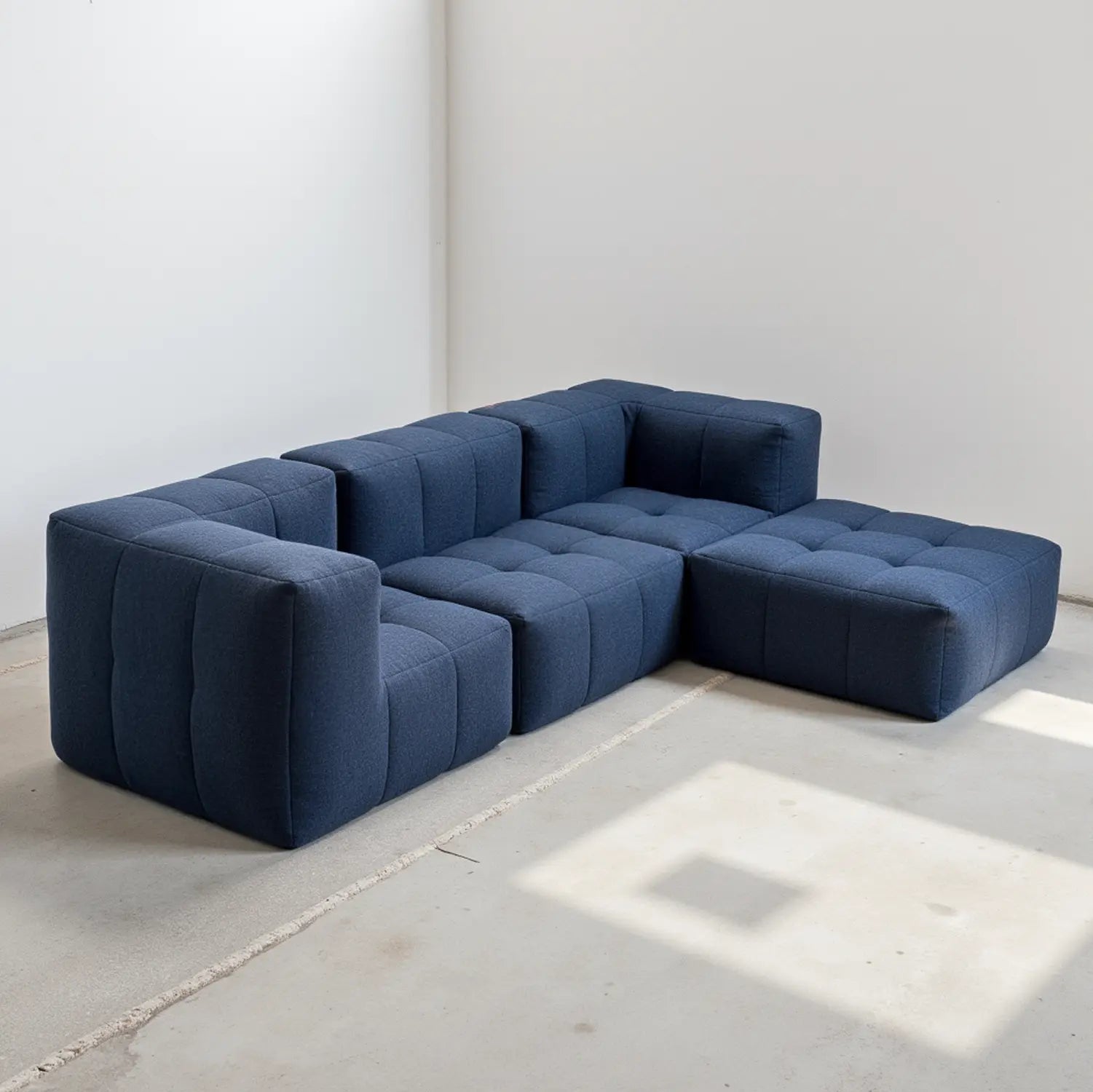 Sofá na Caixa modular 3 lugares em Boucle sem braço com chaise - Azul