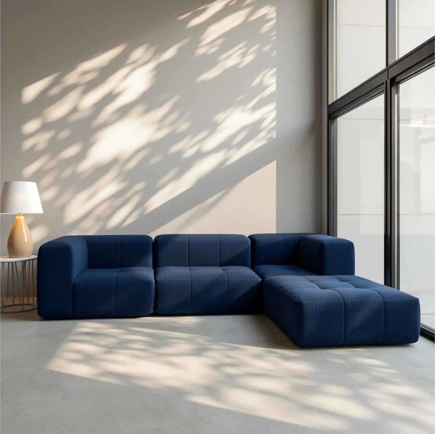 Sofá na Caixa modular 3 lugares em Boucle sem braço com chaise - Azul