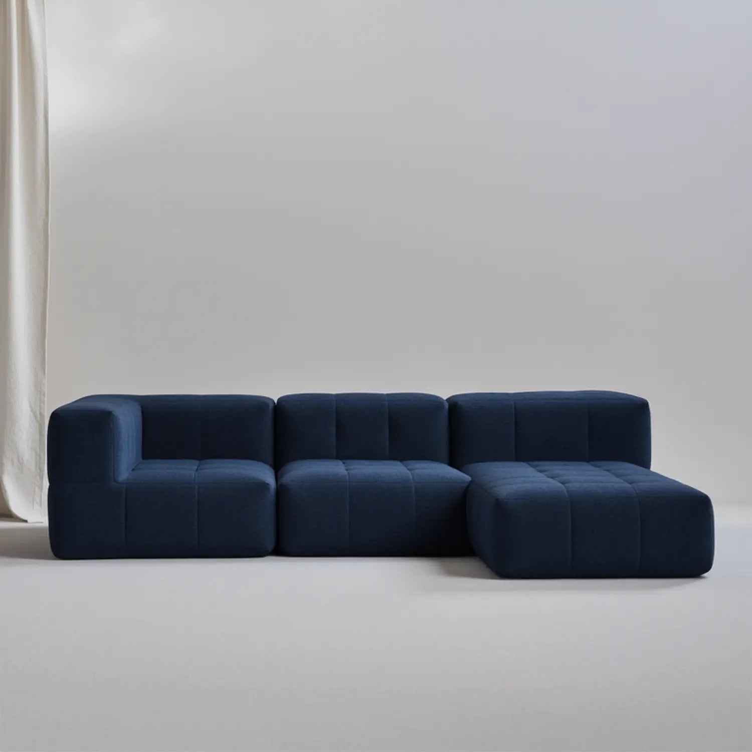 Sofá na Caixa modular 3 lugares em Boucle sem braço com chaise - Azul