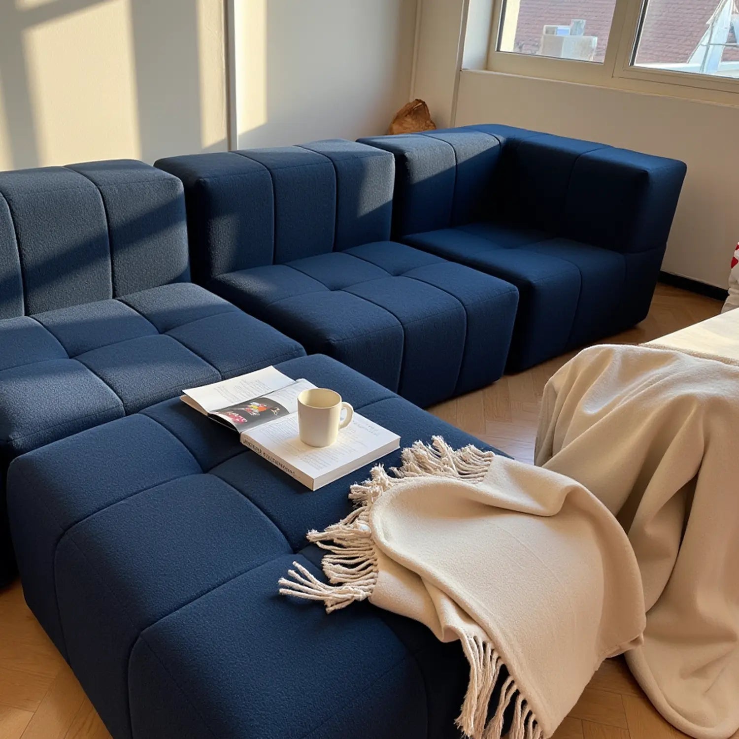 Sofá na Caixa modular 2 lugares em Boucle - 2 Poltronas com Apoio de pé Grátis - Azul