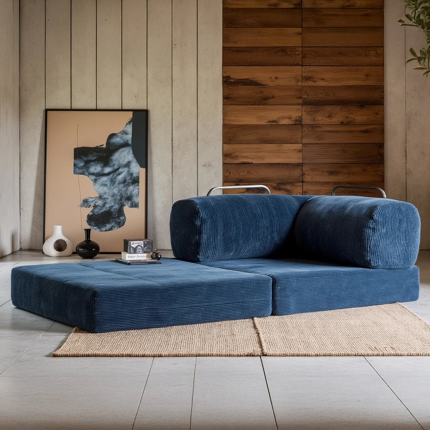 Sofá Cama Bloom - Sofá na Caixa + Poltrona Bloom Tecido Boucle Azul