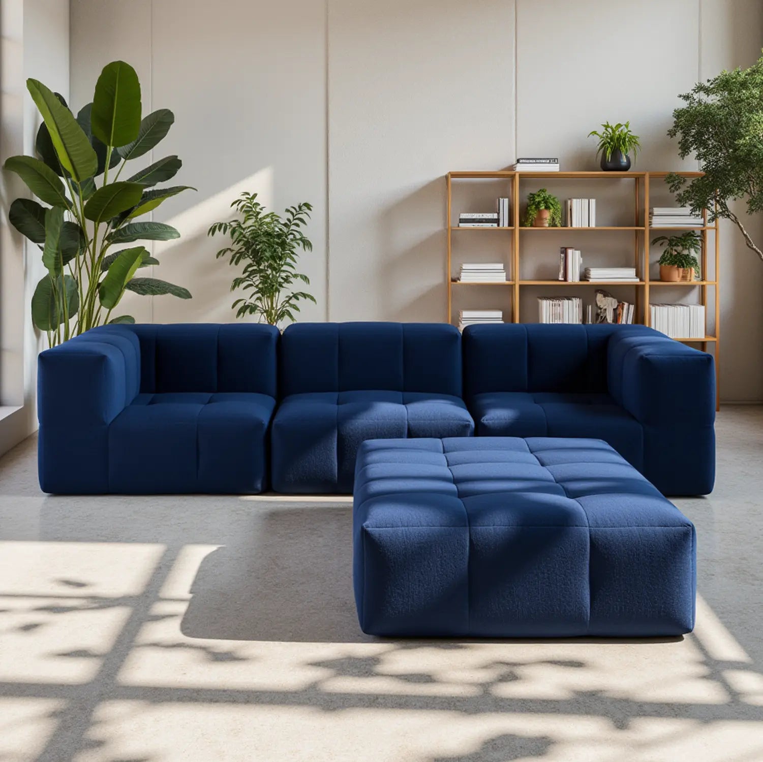 Sofá na Caixa modular 3 lugares em Boucle sem braço com chaise - Azul