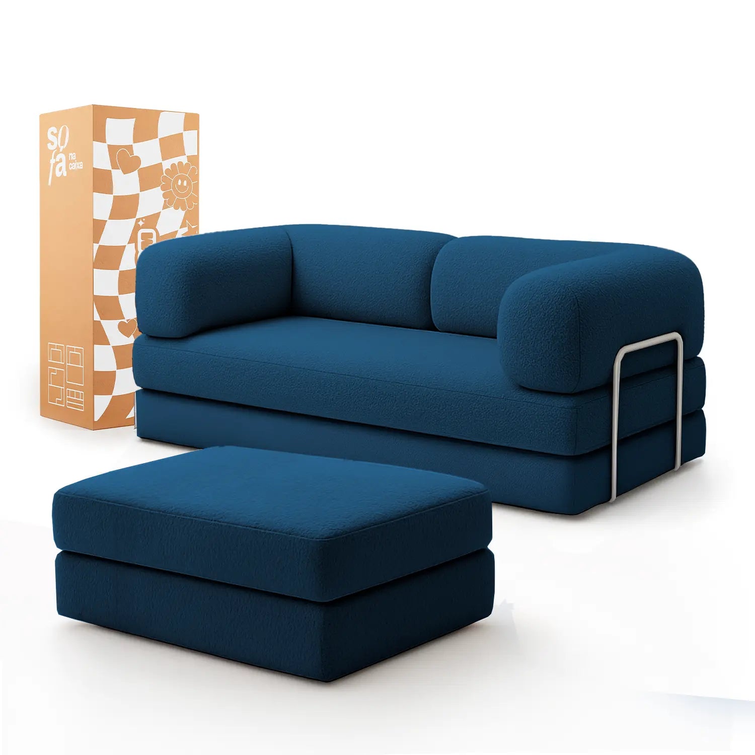 Sofá Cama Bloom - Sofá na Caixa + Apoio de Pé Bloom Tecido Boucle Azul Grátis