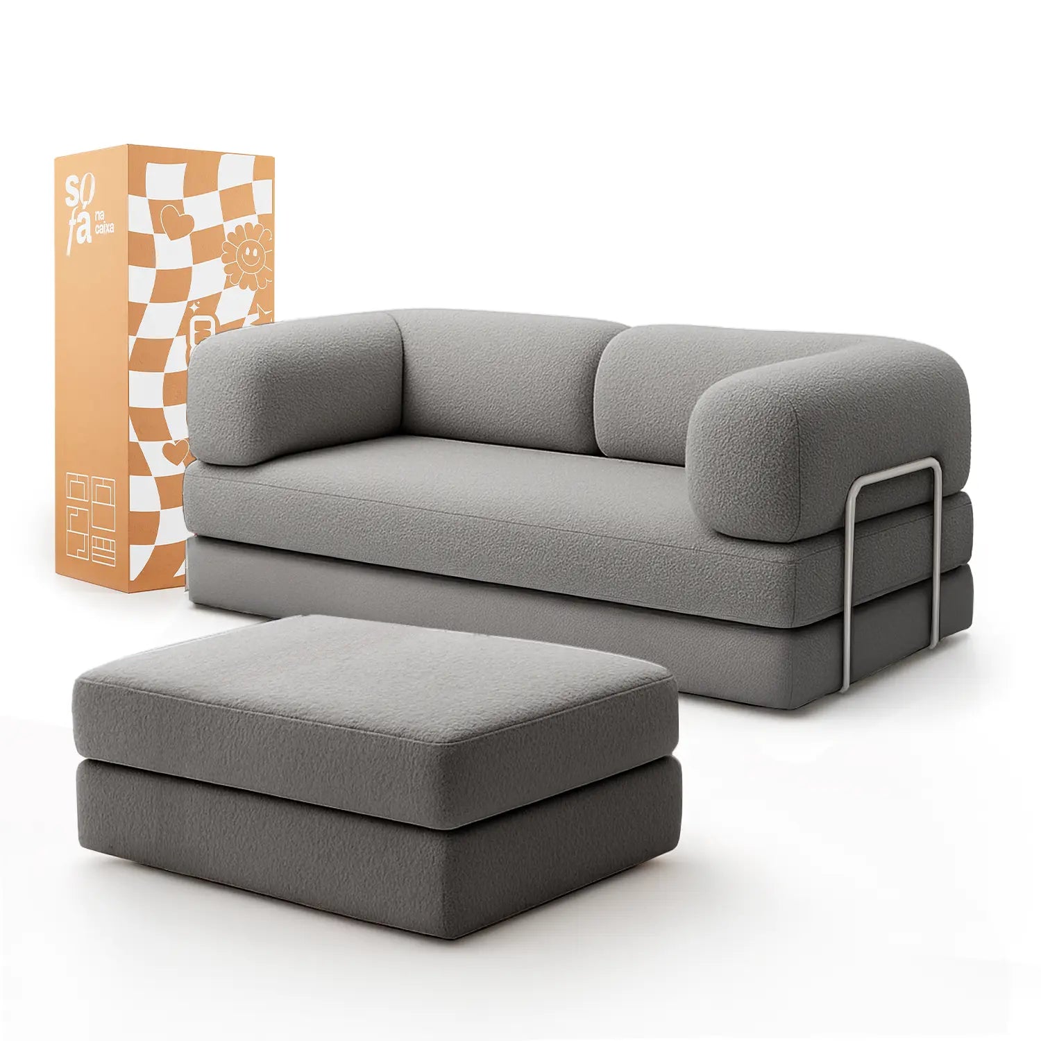 Sofá Cama Bloom - Sofá na Caixa + Apoio de Pé Bloom Tecido Boucle Cinza Grátis