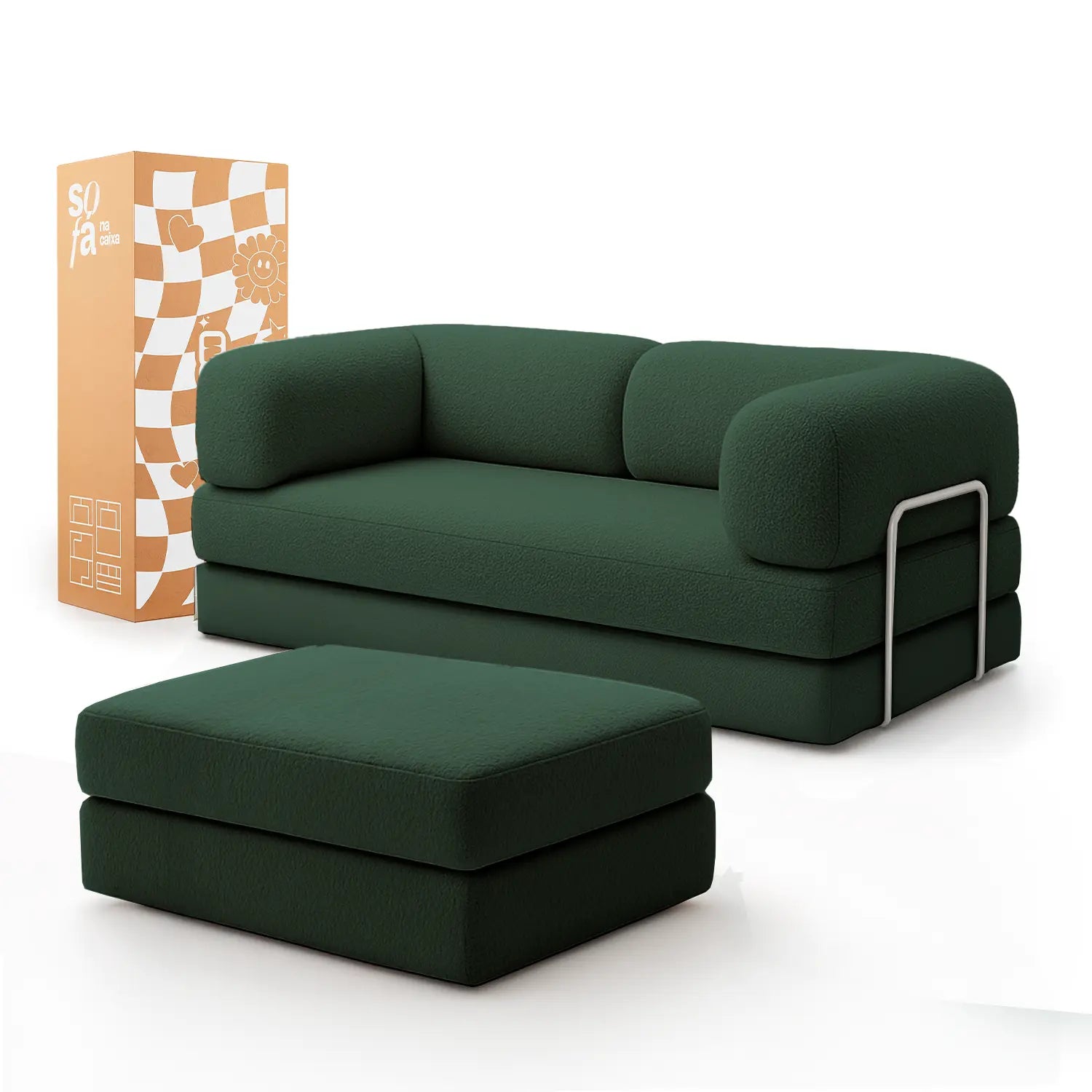 Sofá Cama Bloom - Sofá na Caixa + Apoio de Pé Bloom Tecido Boucle Verde Musgo Grátis