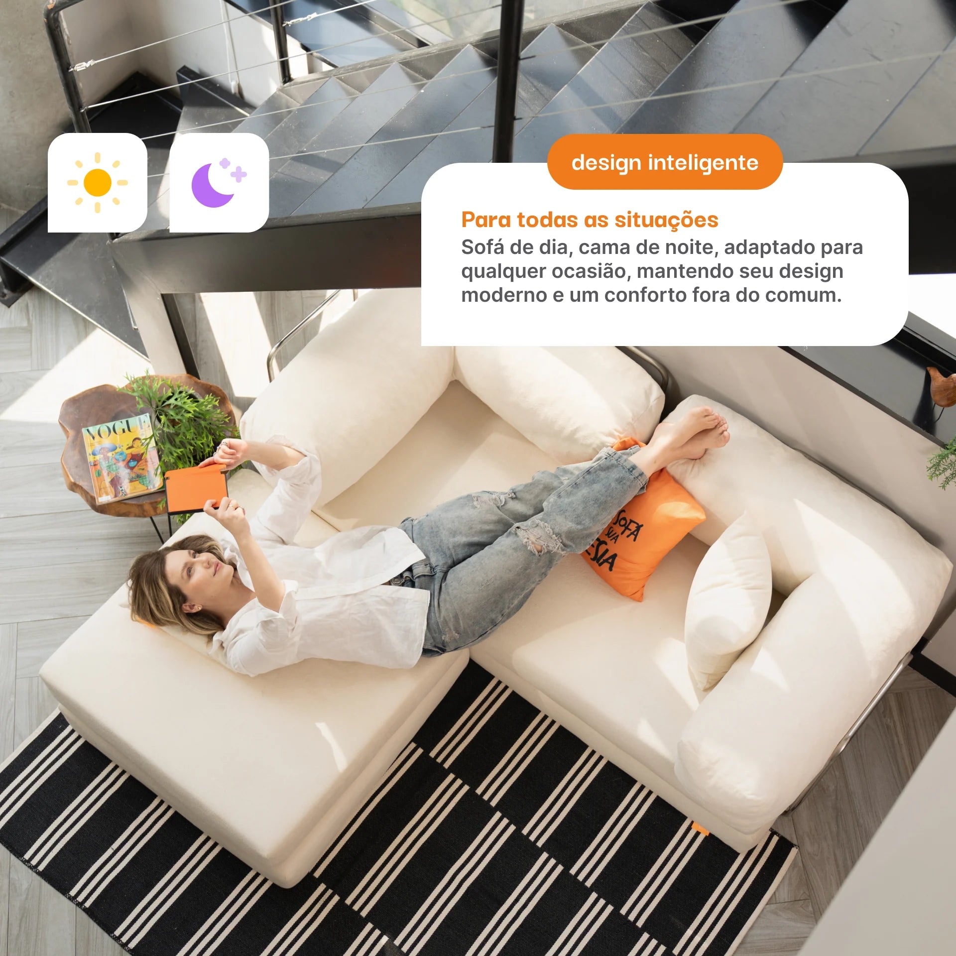 Sofá Cama Bloom Tecido Boucle Laranja - Sofá na Caixa