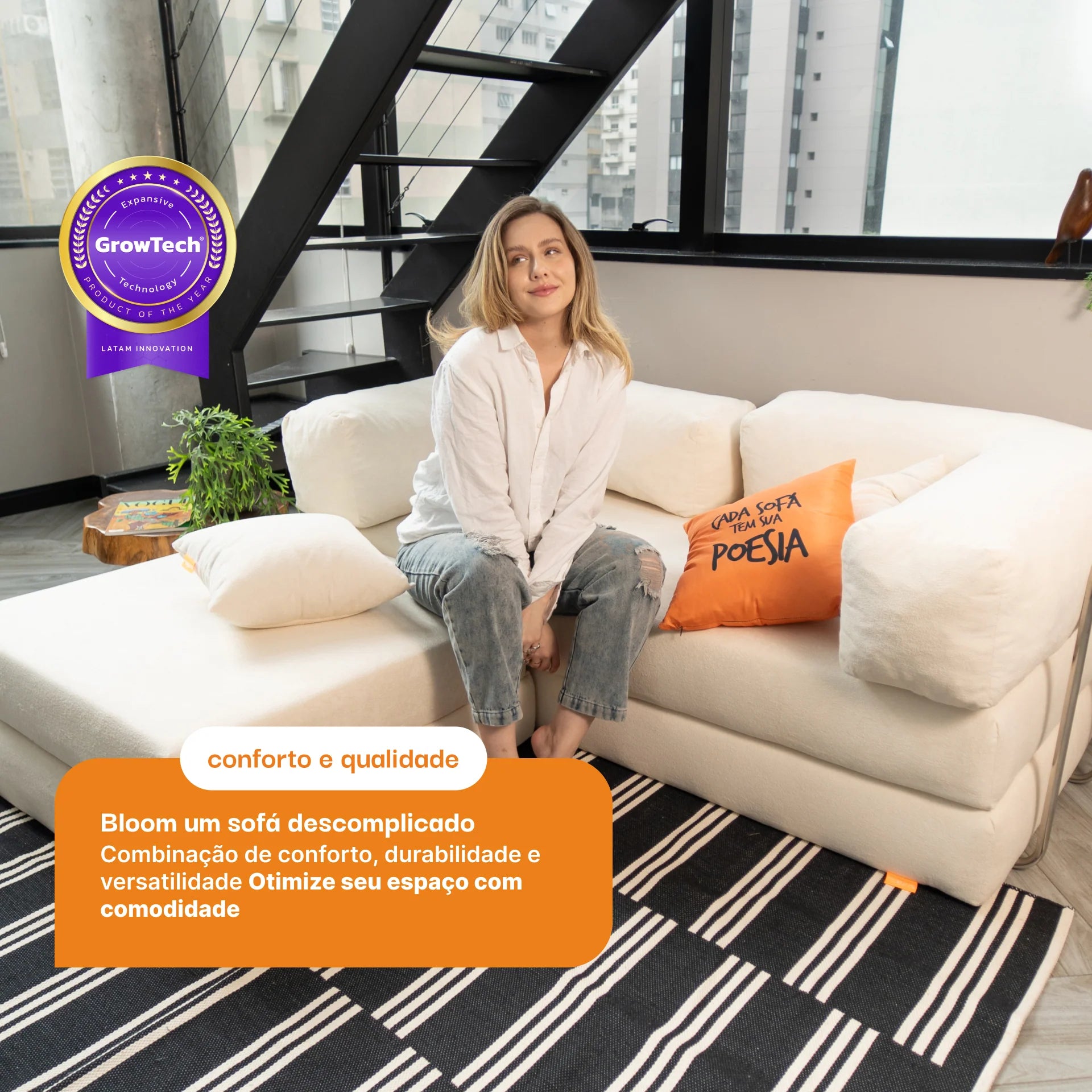 Sofá Cama Bloom Tecido Boucle Laranja - Sofá na Caixa