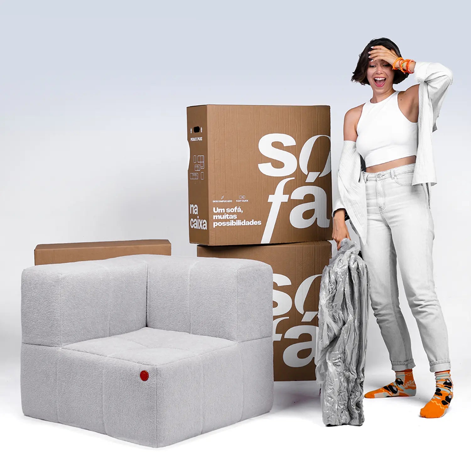 Sofá na Caixa modular 3 lugares em Boucle sem braço com chaise - Cinza