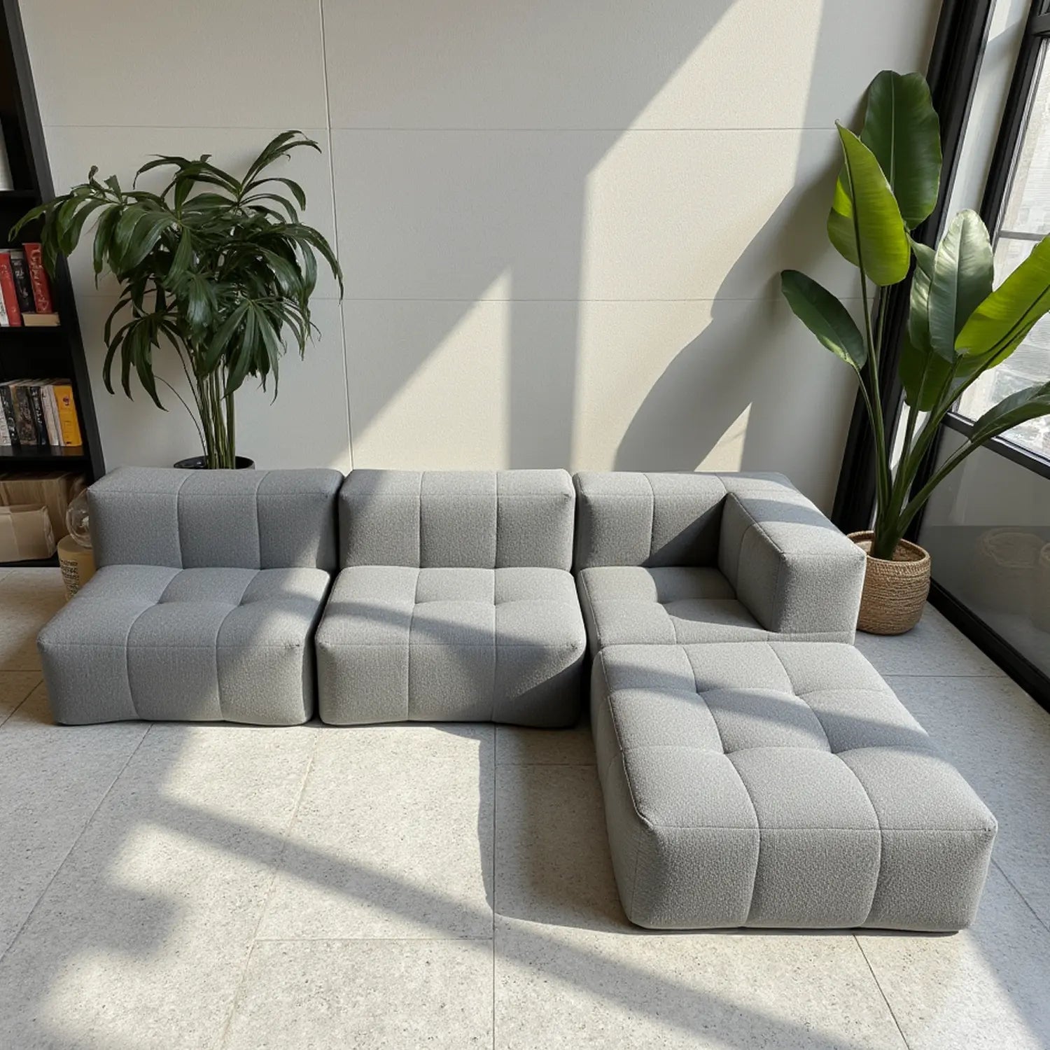 Sofá na Caixa modular 3 lugares em Boucle sem braço com chaise - Cinza