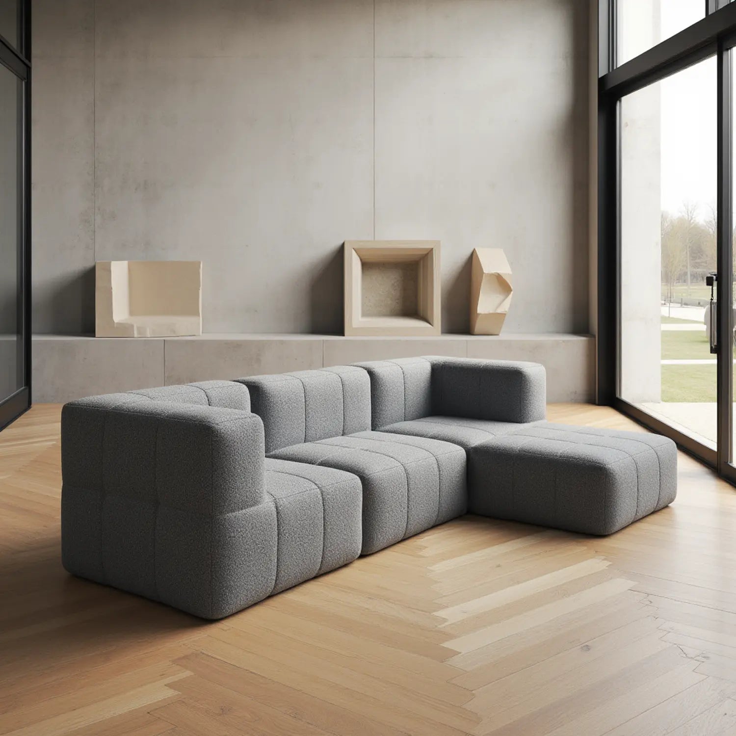 Sofá na Caixa modular 3 lugares em Boucle - 1 Braço com Chaise - Cinza Grátis