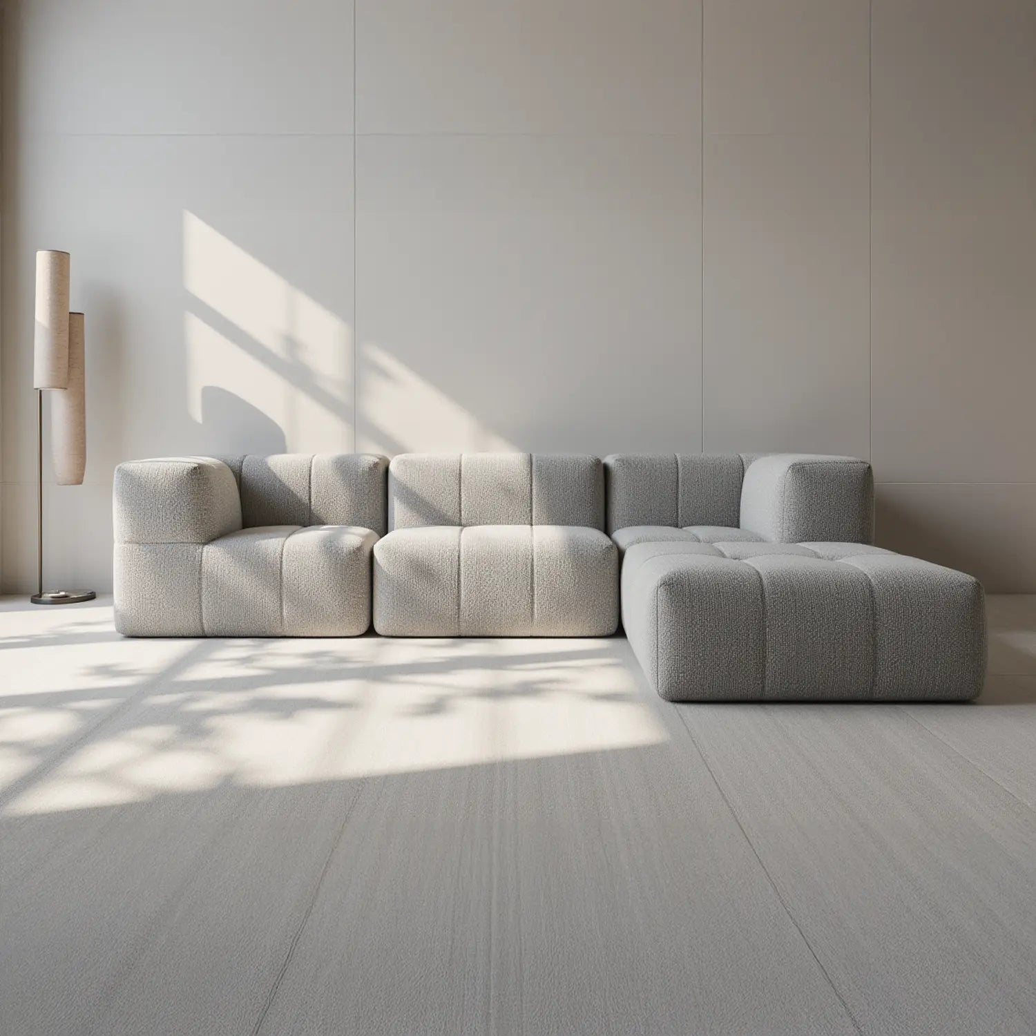Sofá na Caixa modular 3 lugares em Boucle sem braço com chaise - Cinza