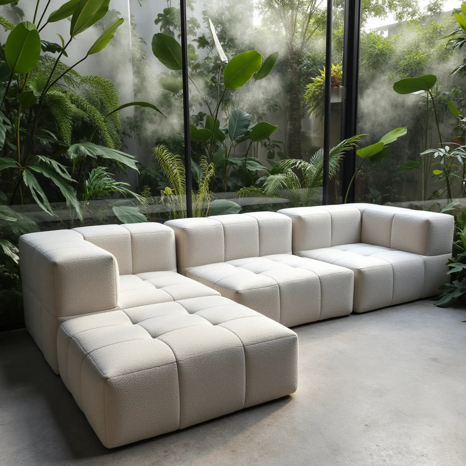 Sofá na Caixa modular 3 lugares em Boucle sem braço com chaise - Linho