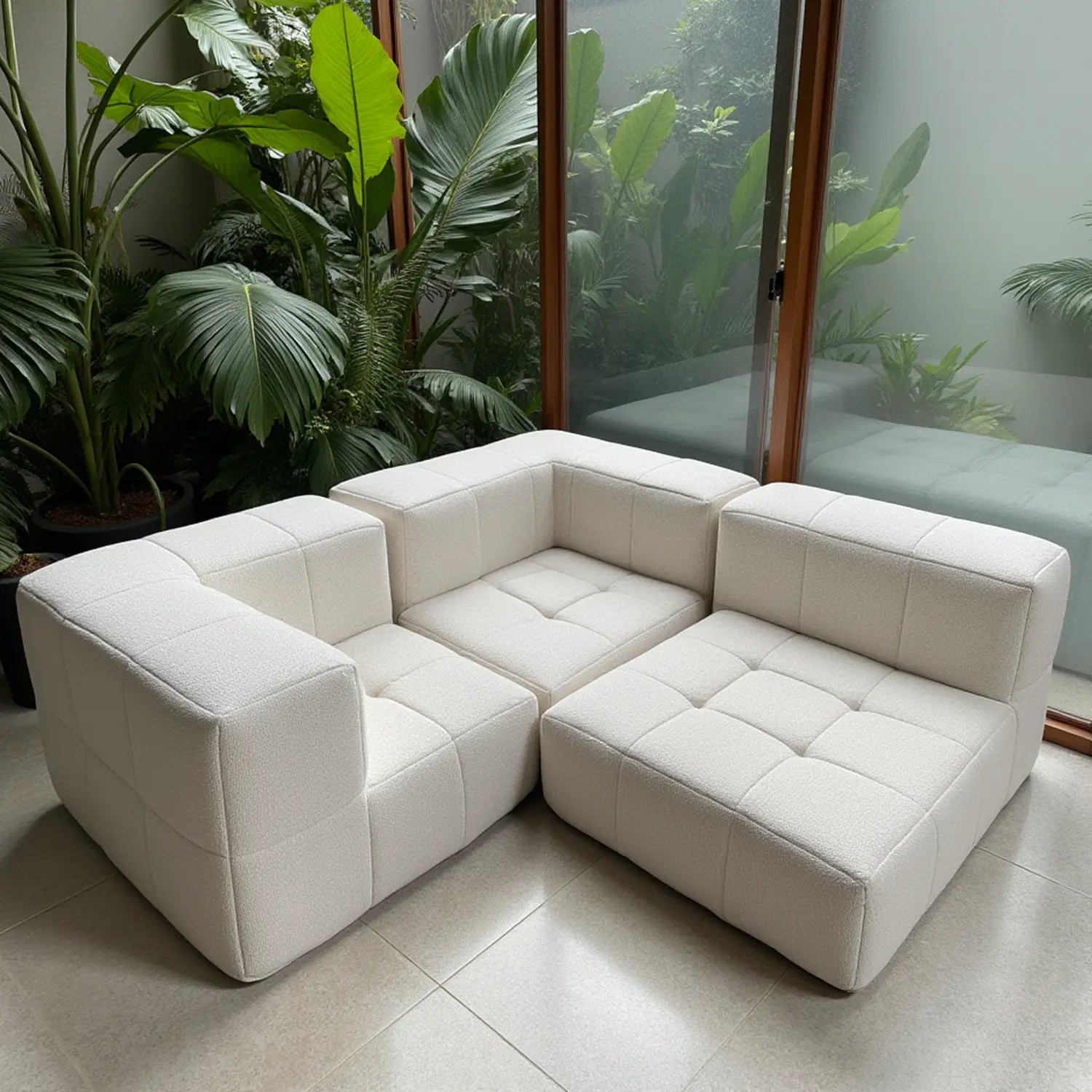 Sofá na Caixa modular 3 lugares em Boucle com 3 Chaises - Linho