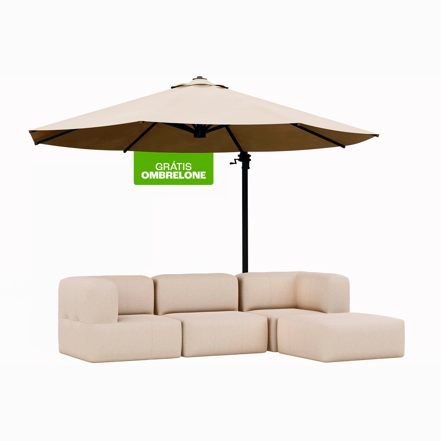 Lounge com 4 Puffs Puzz Modular + Ombrelone Cantilever Linho, 3,35x2,60m, Lateral Alumínio