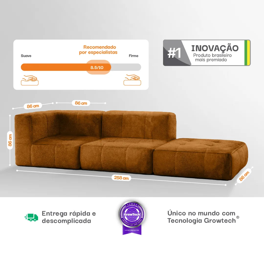 Sofá na Caixa modular 3 lugares Poli-Couro Marrom - 1 Braço com 2 Chaises