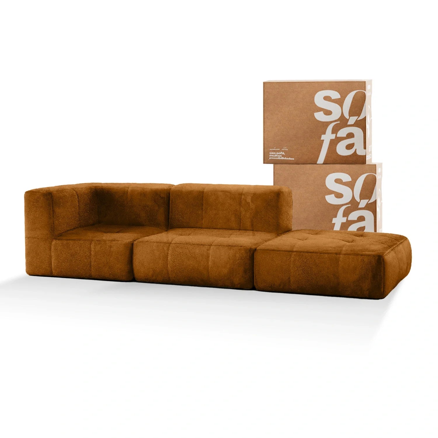 Sofá na Caixa modular 2 lugares Poli-Couro Marrom - 1 Braço com com Apoio de pé Grátis