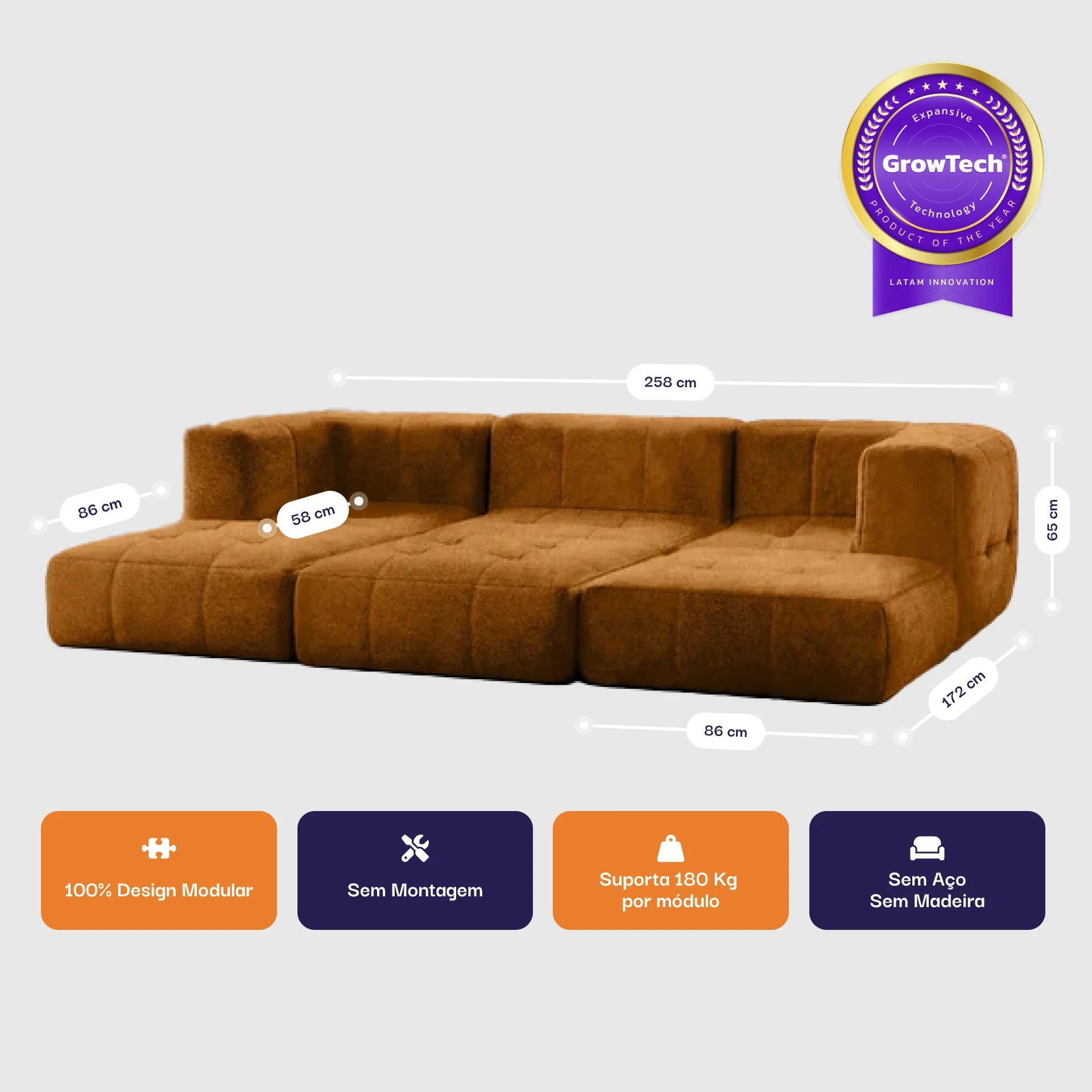 Sofá na Caixa modular 3 lugares Poli-Couro Marrom com 3 Chaises