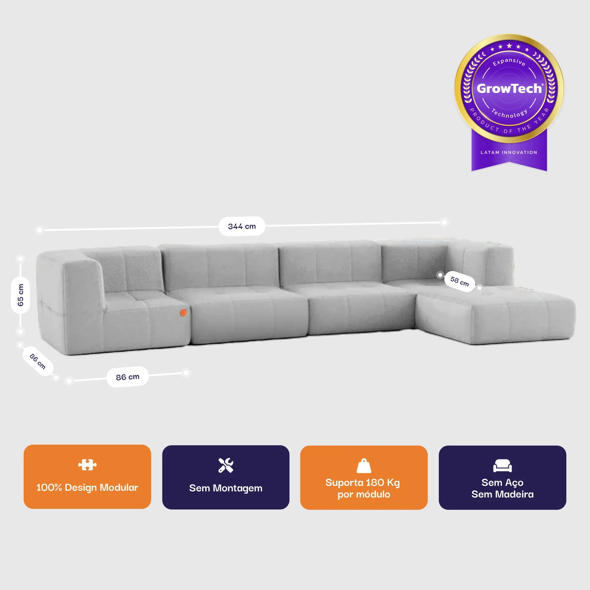 Sofá na Caixa modular 3 lugares em Boucle sem braço com chaise - Cinza
