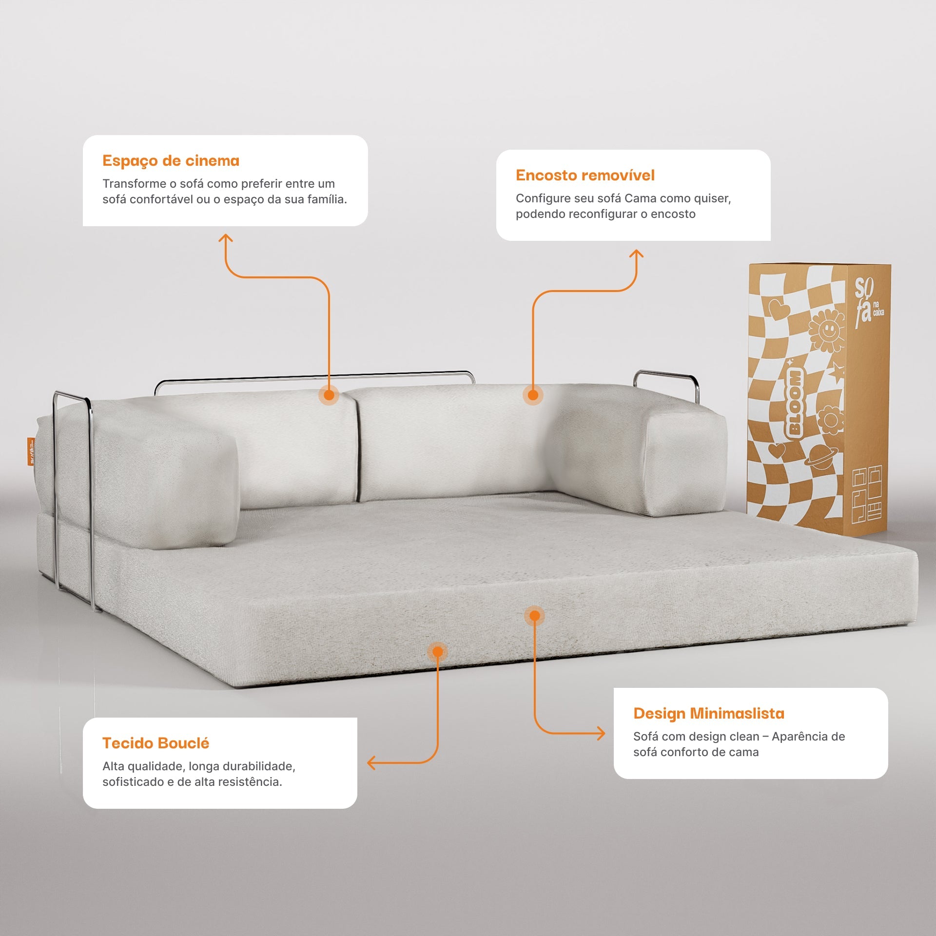 Sofá Cama Bloom Tecido Boucle Linho - Sofá na Caixa