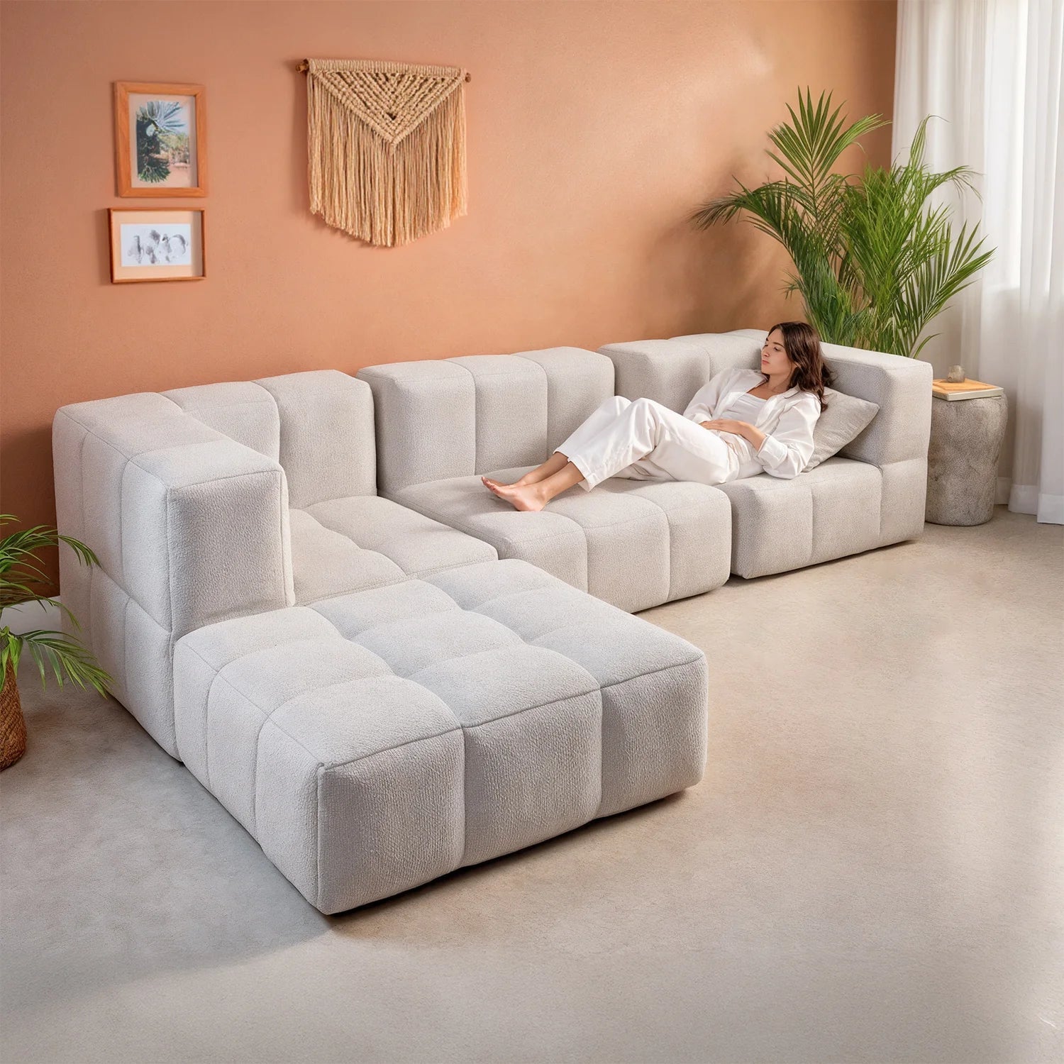 Sofá na Caixa modular 3 lugares em Boucle sem braço com chaise - Linho