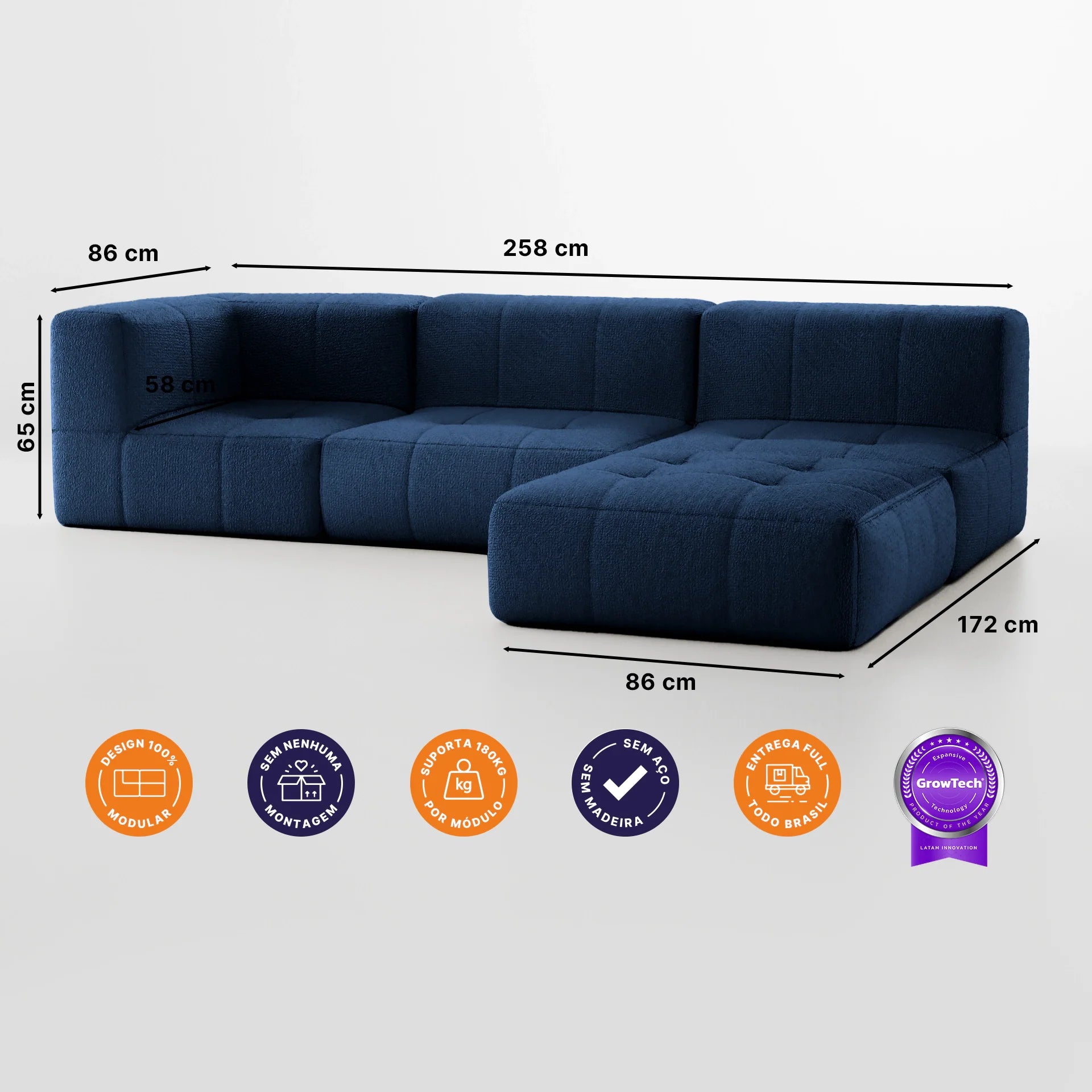 Sofá na Caixa modular 3 lugares em Boucle - 1 Braço com Chaise - Azul Grátis