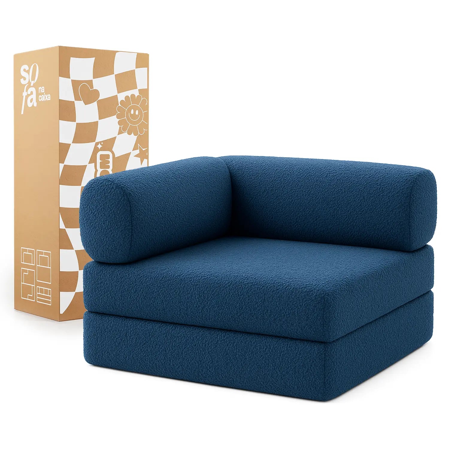 Sofá Cama Bloom - Sofá na Caixa + Poltrona Bloom Tecido Boucle Azul