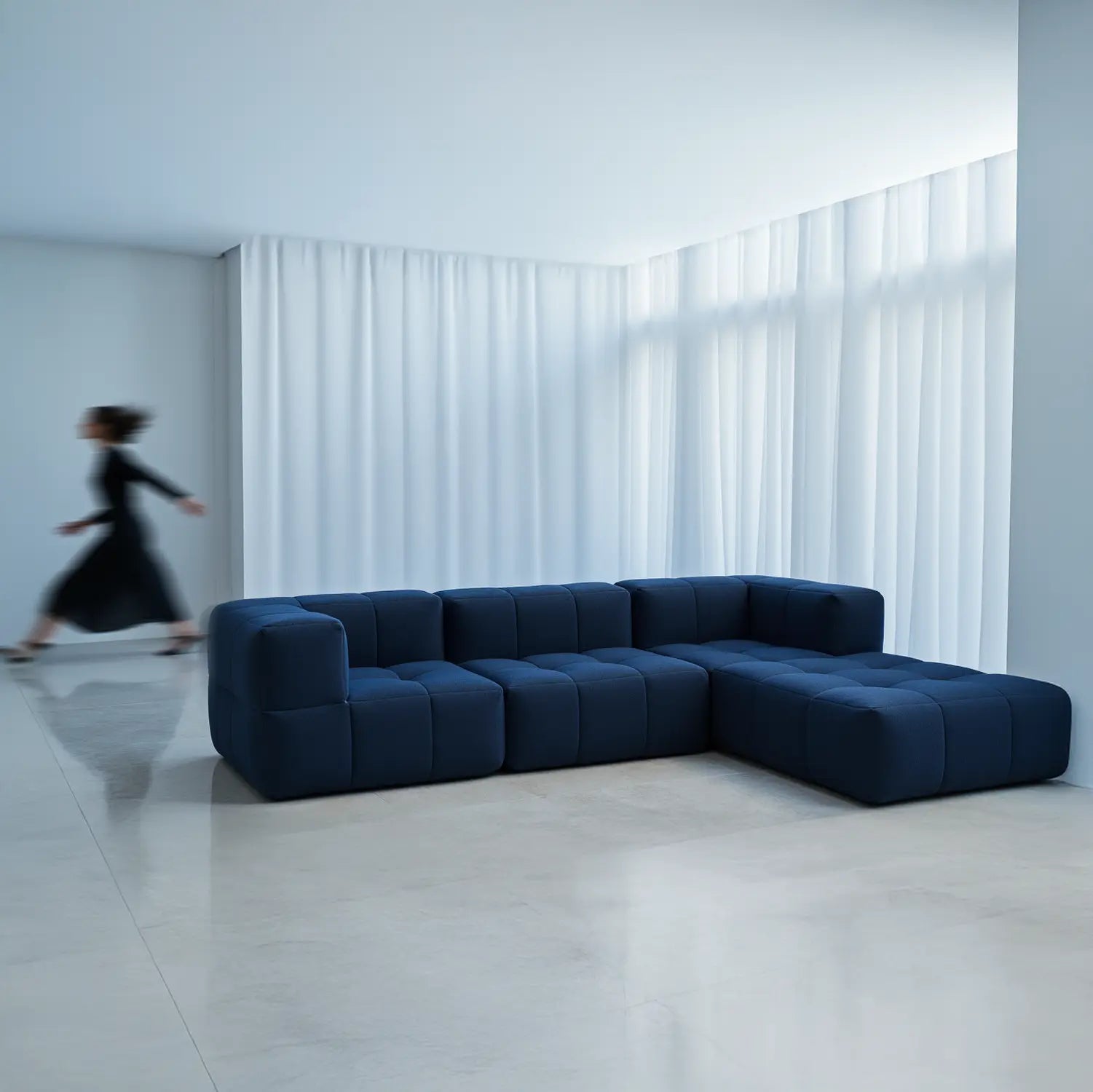 Sofá na Caixa modular 2 lugares em Boucle - 2 Poltronas com Apoio de pé Grátis - Azul