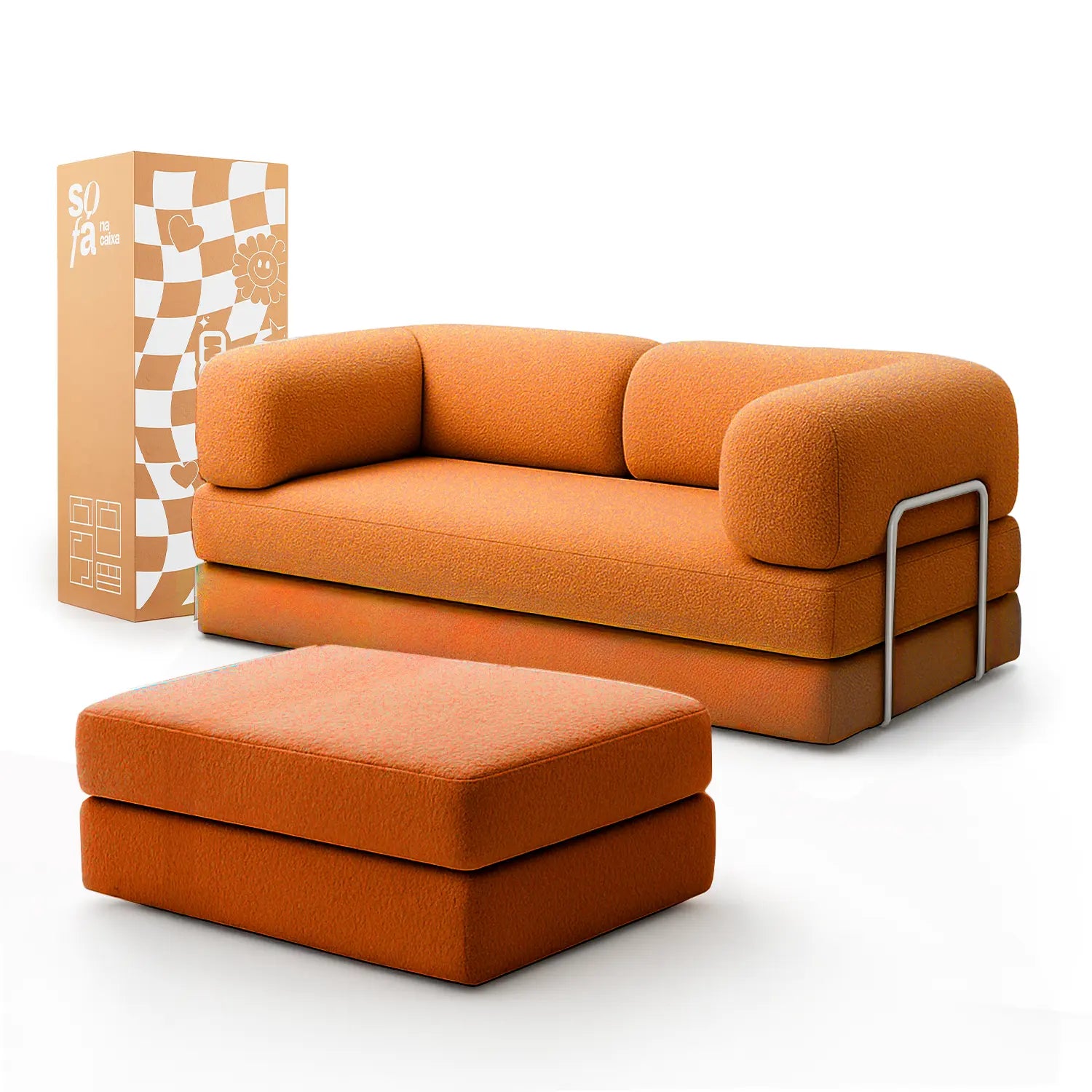 Sofá Cama Bloom Tecido Boucle Laranja - Sofá na Caixa + Apoio de Pé Grátis