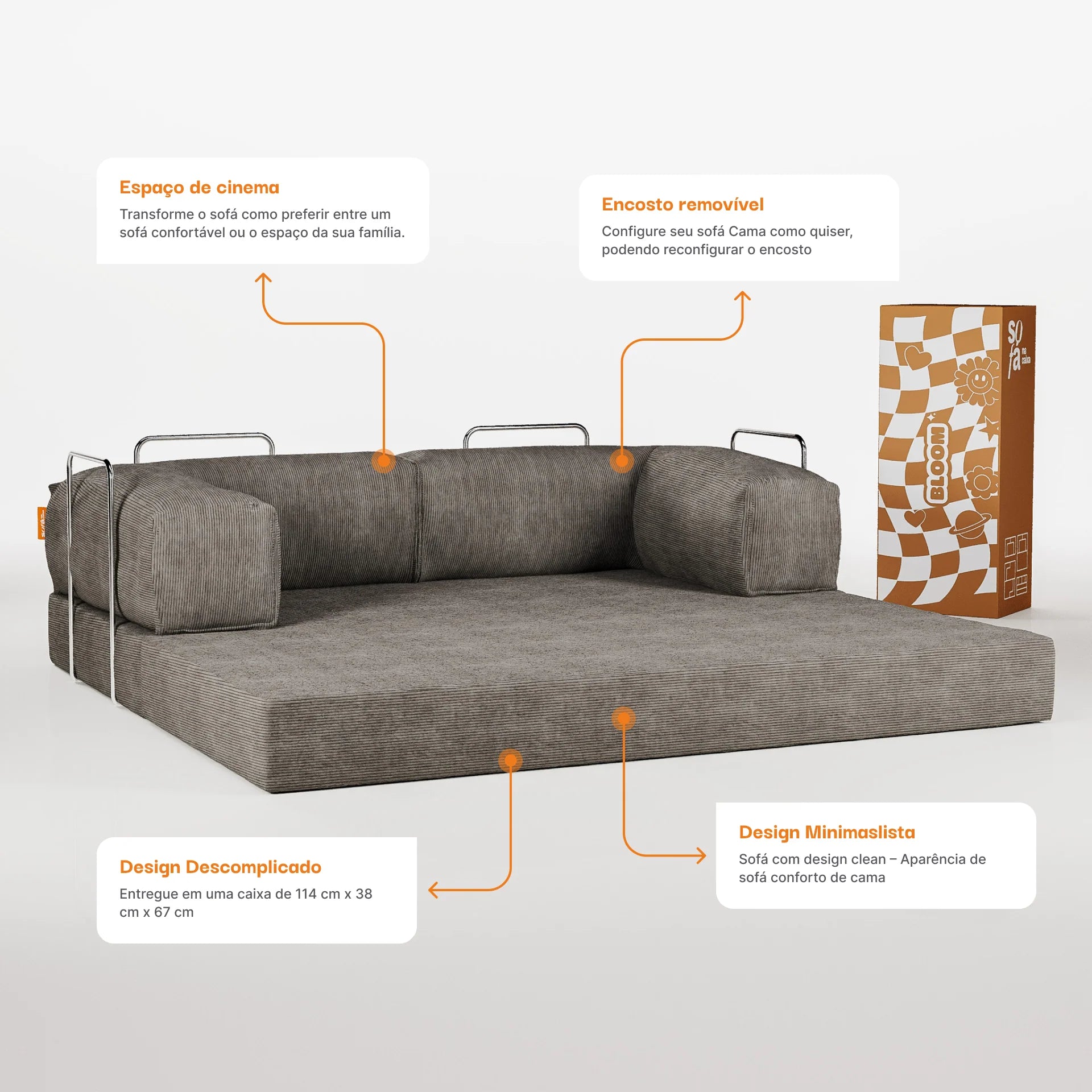 Sofá Cama Bloom Tecido Boucle Cinza - Sofá na Caixa