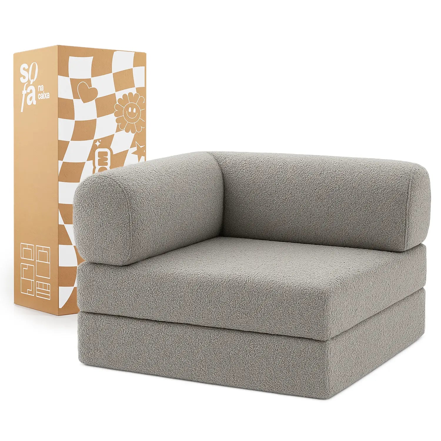 Sofá Cama Bloom - Sofá na Caixa + Poltrona Bloom Tecido Boucle Cinza