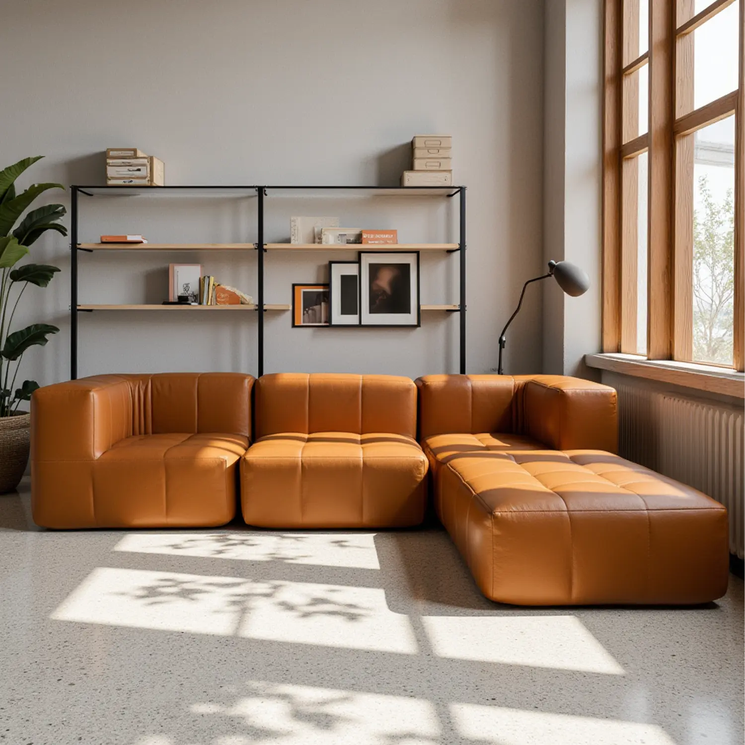 Sofá na Caixa modular 3 lugares Poli-Couro Marrom - 1 Braço com 2 Chaises