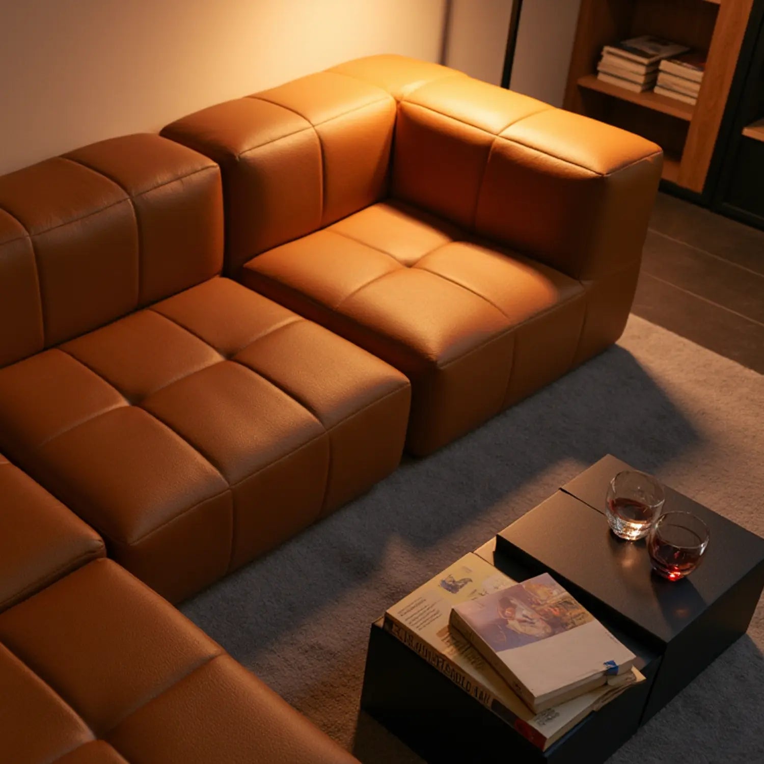 Sofá na Caixa modular 3 lugares Poli-Couro Marrom - 1 Braço com 2 Chaises