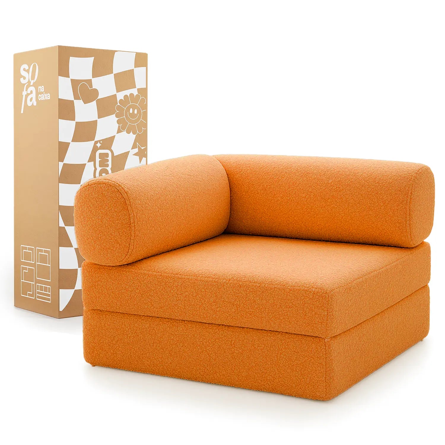 Sofá Cama Bloom - Sofá na Caixa + Poltrona Bloom Tecido Boucle Laranja