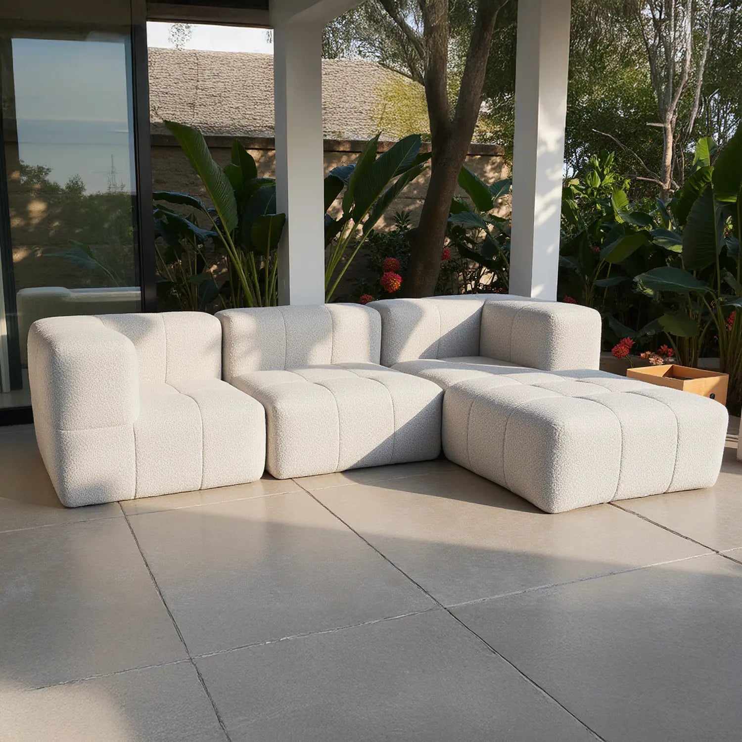 Sofá na Caixa modular 3 lugares em Boucle - 1 Braço com 2 Chaises - Linho
