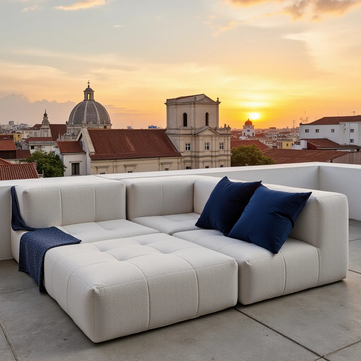 Sofá na Caixa modular 3 lugares em Boucle - 1 Braço com 2 Chaises - Linho