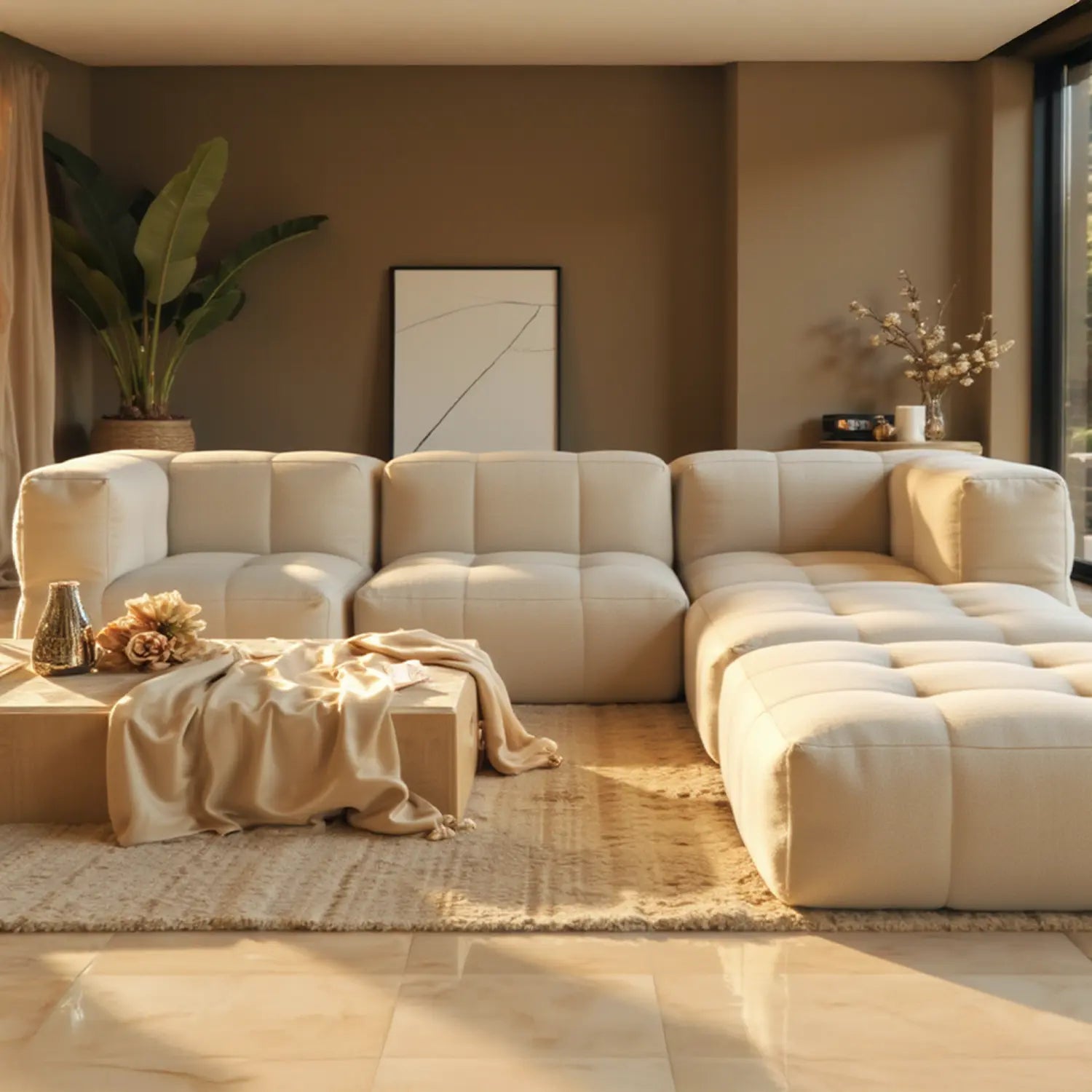 Sofá na Caixa modular 3 lugares em Boucle - 1 Braço com 2 Chaises - Linho