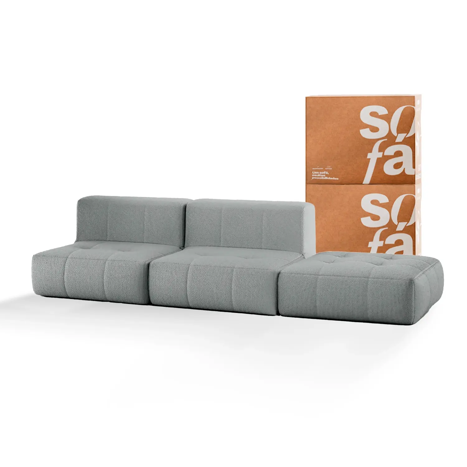 Sofá na Caixa modular 2 lugares em Boucle - 2 Poltronas com Apoio de pé Grátis - Cinza
