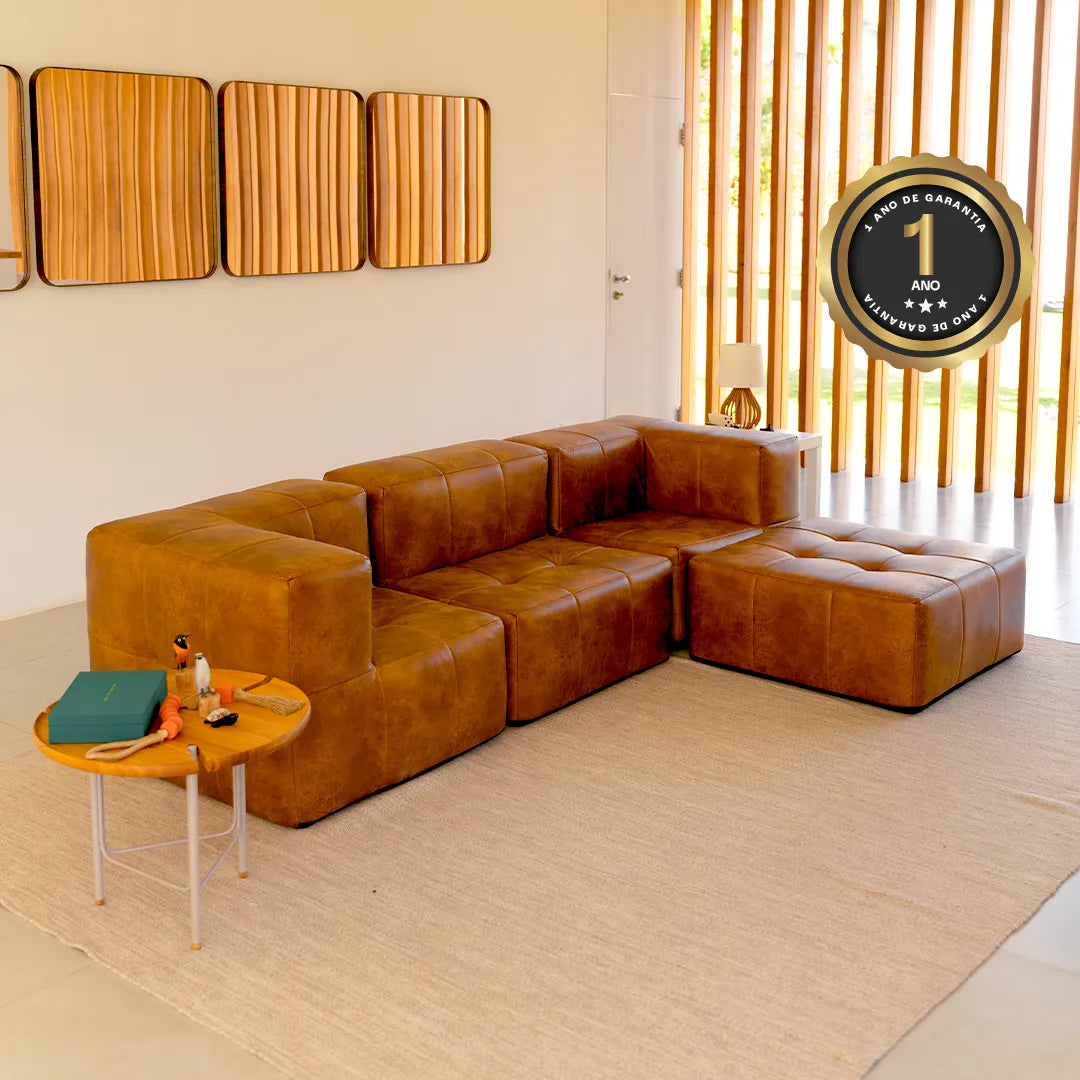 Sofá na Caixa modular 3 lugares Poli-Couro Marrom - 1 Braço com Chaise Grátis
