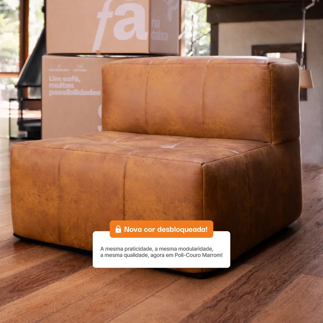 Sofá na Caixa modular 3 lugares Poli-Couro Marrom - 1 Braço com 2 Chaises