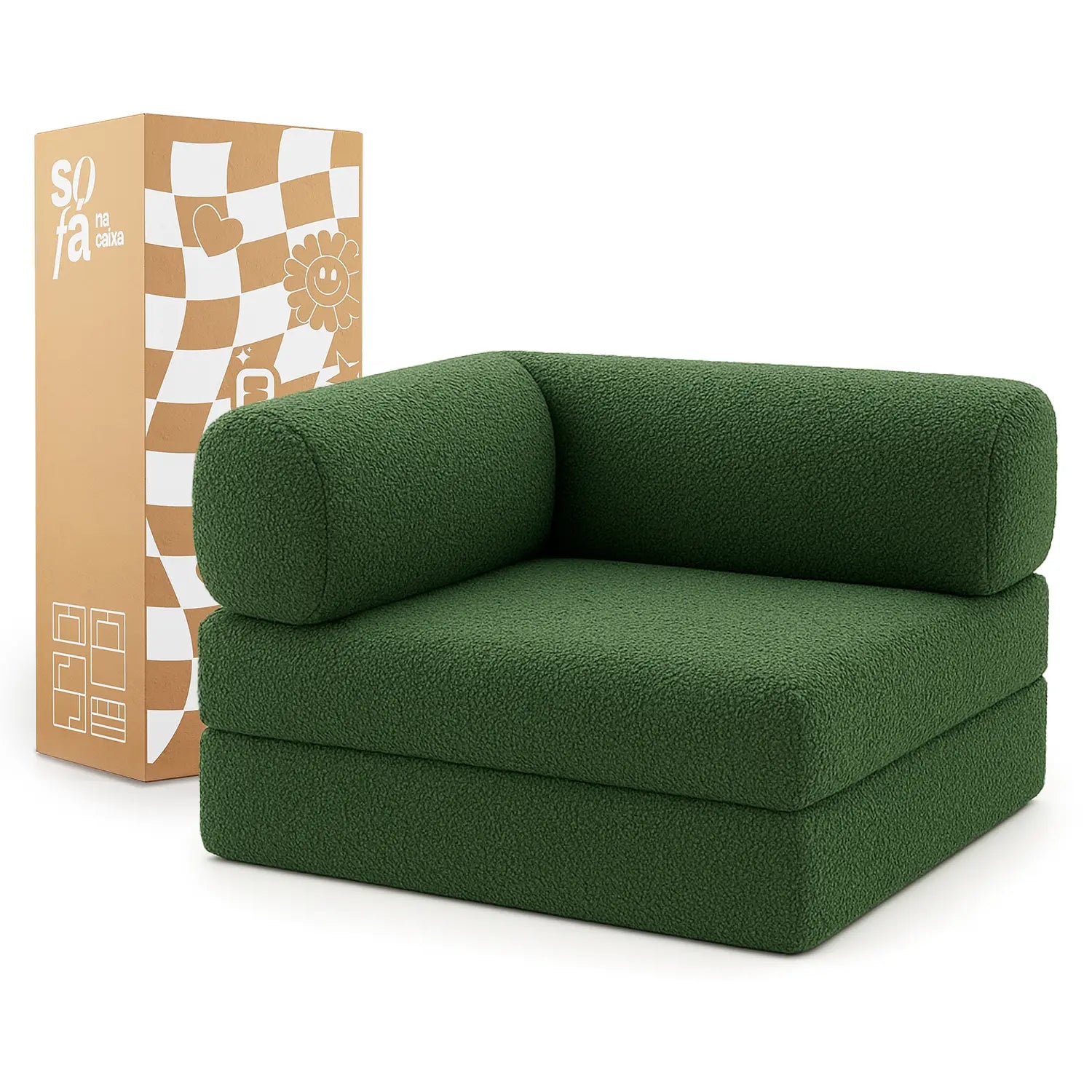 Sofá Cama Bloom - Sofá na Caixa + Poltrona Bloom Tecido Boucle Verde Musgo